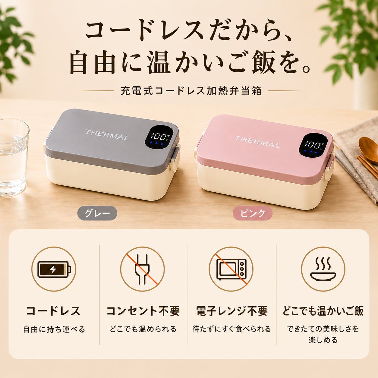 Neo Thermal™ Pro 充電式スマート加熱弁当箱 電源不要。コード不要。レンジ不要。 ボタンひとつで、どこでも出来たての温かさ。