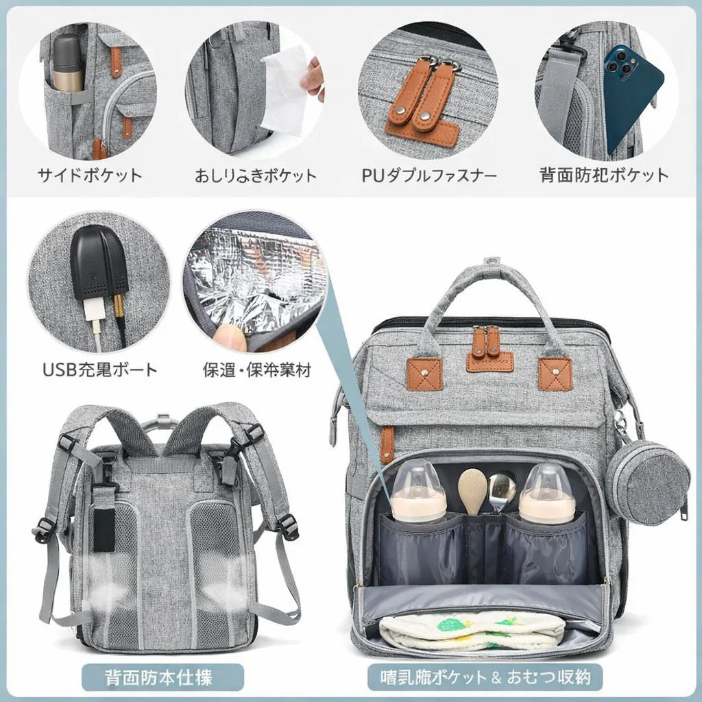 Mamore Bag™（マモレバッグ） 整理も安心もこれ1つ。3in1 多機能マザーズリュック（ベビーベッド付き）